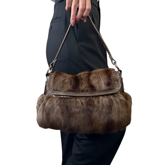 FENDI Vintage Logo Chef Mink Faux Fur Shoulder Bag Handbag Python Brown [106352] - Picture 3 of 12
